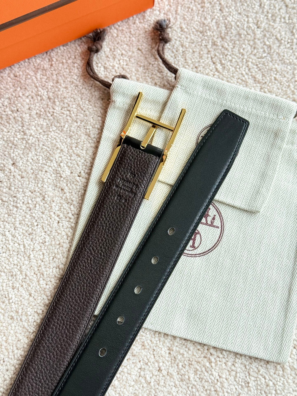 HM Gold Quentin Reversible 32mm Belt Black Chocolate Leather 188090