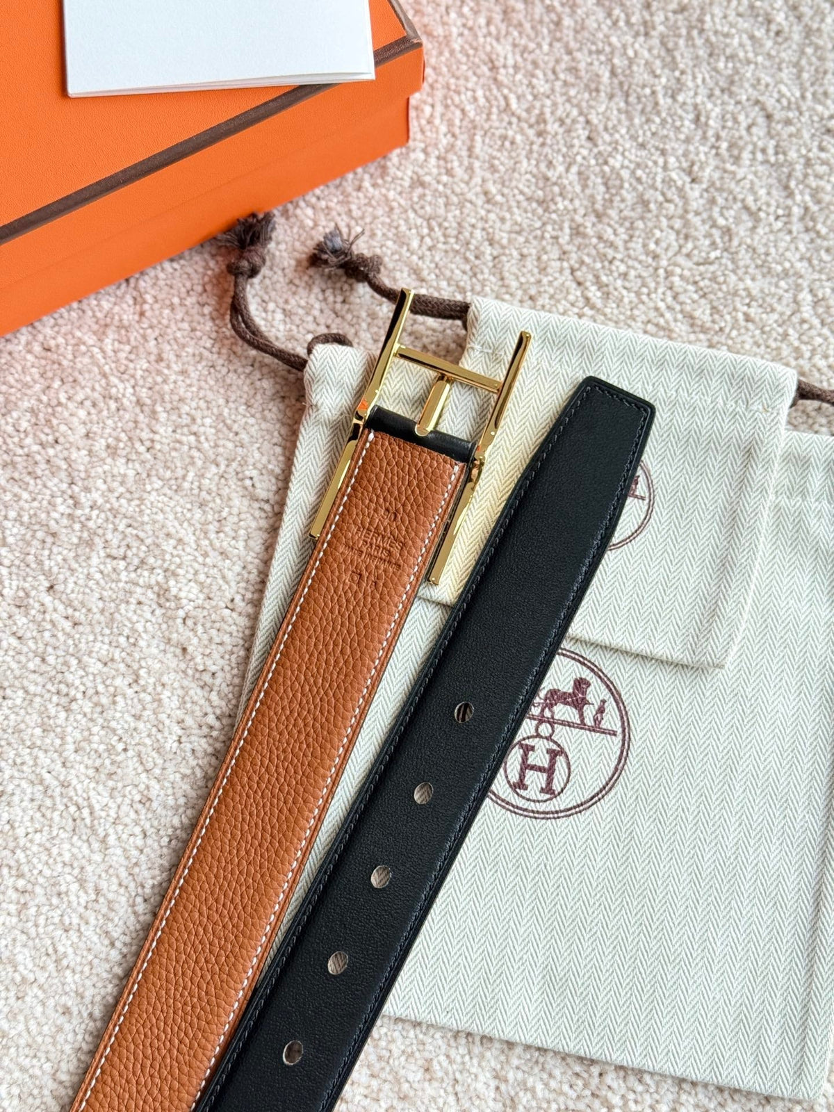 HM Gold Quentin Reversible 32mm Belt Black Brown Leather 188088