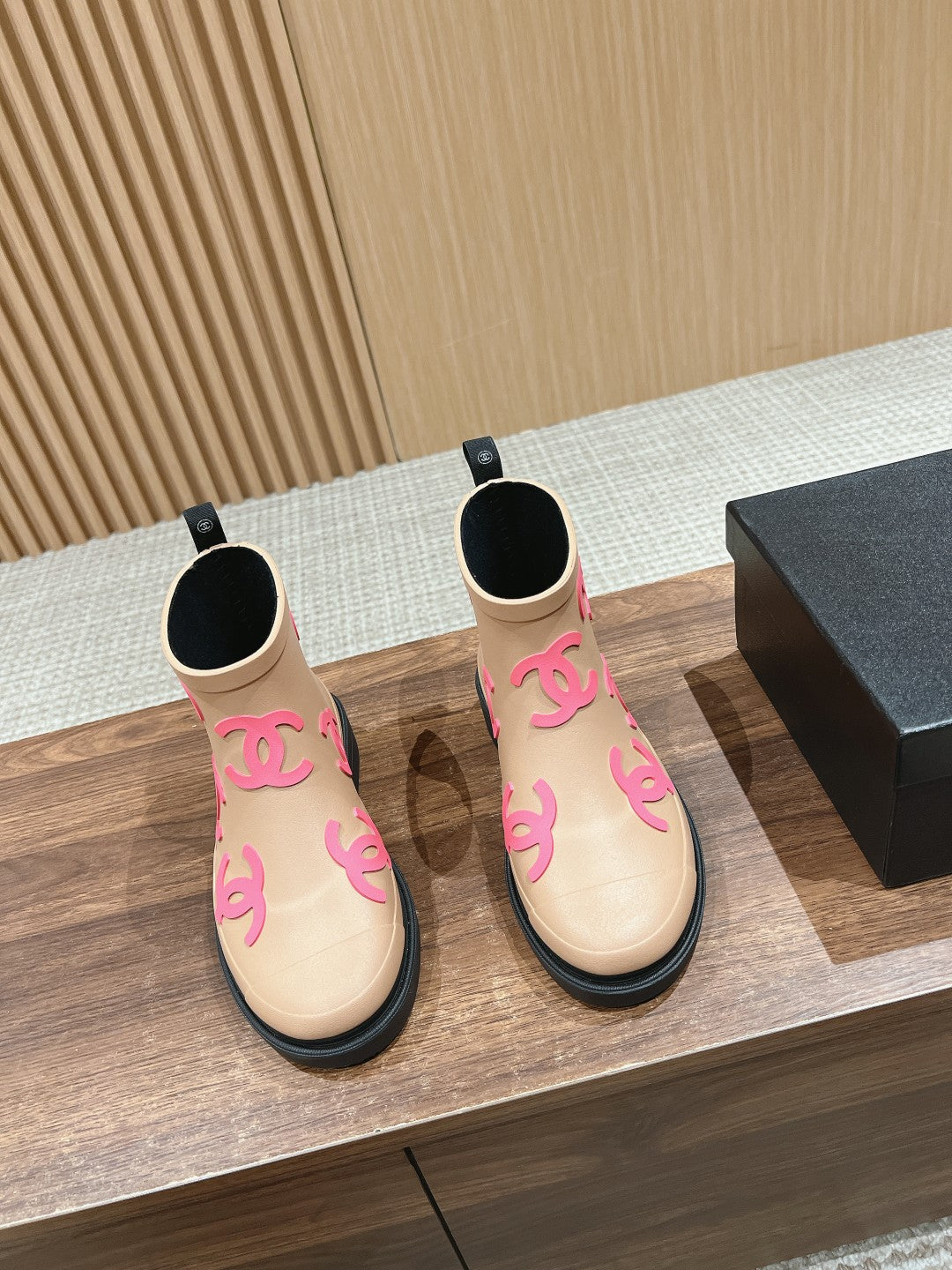CC RAIN BOOTS BEIGE CREAM TPU WITH PINK LOGO