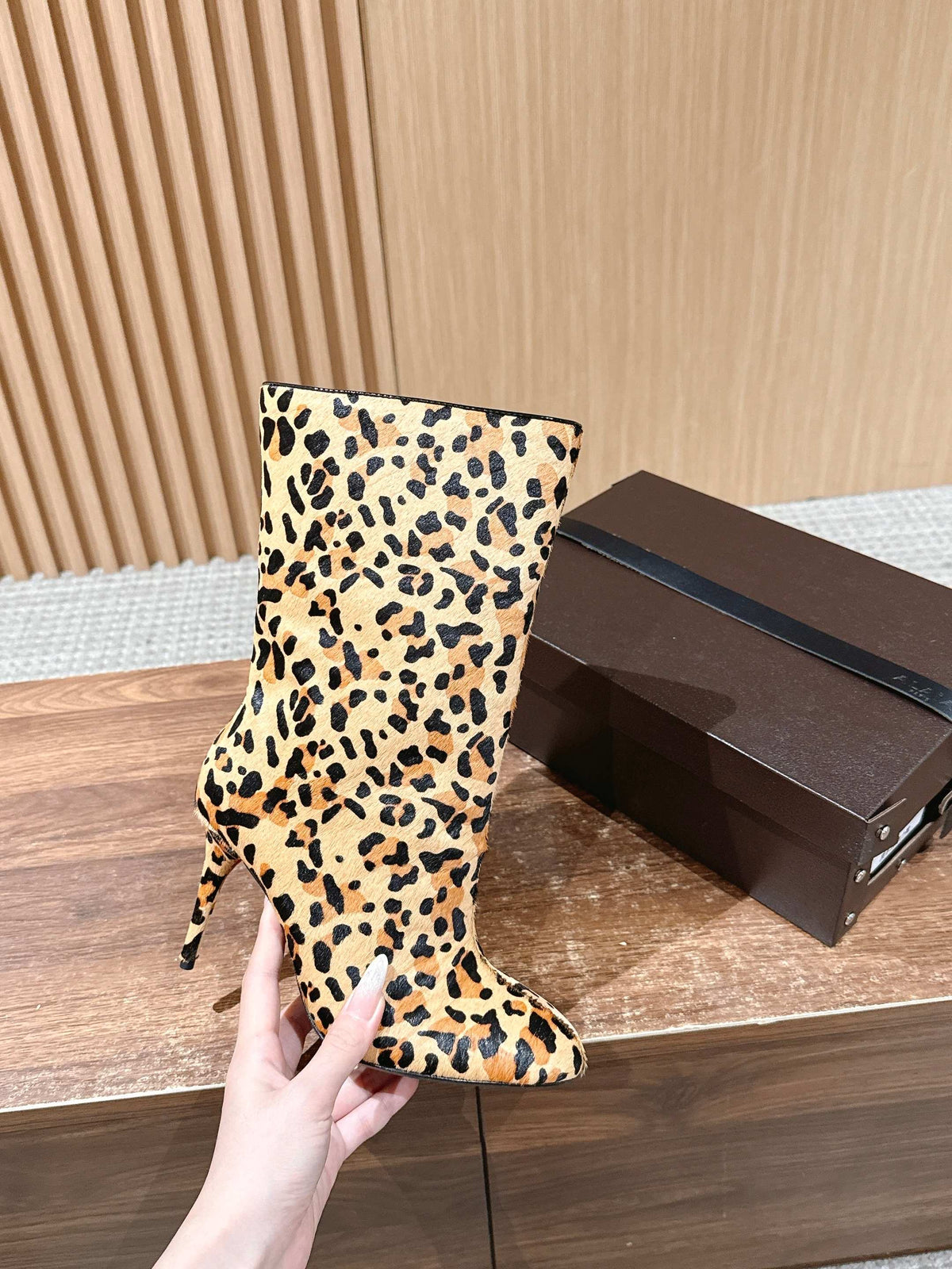 ALAIA high-heeled short boots leopard print velvet 386014
