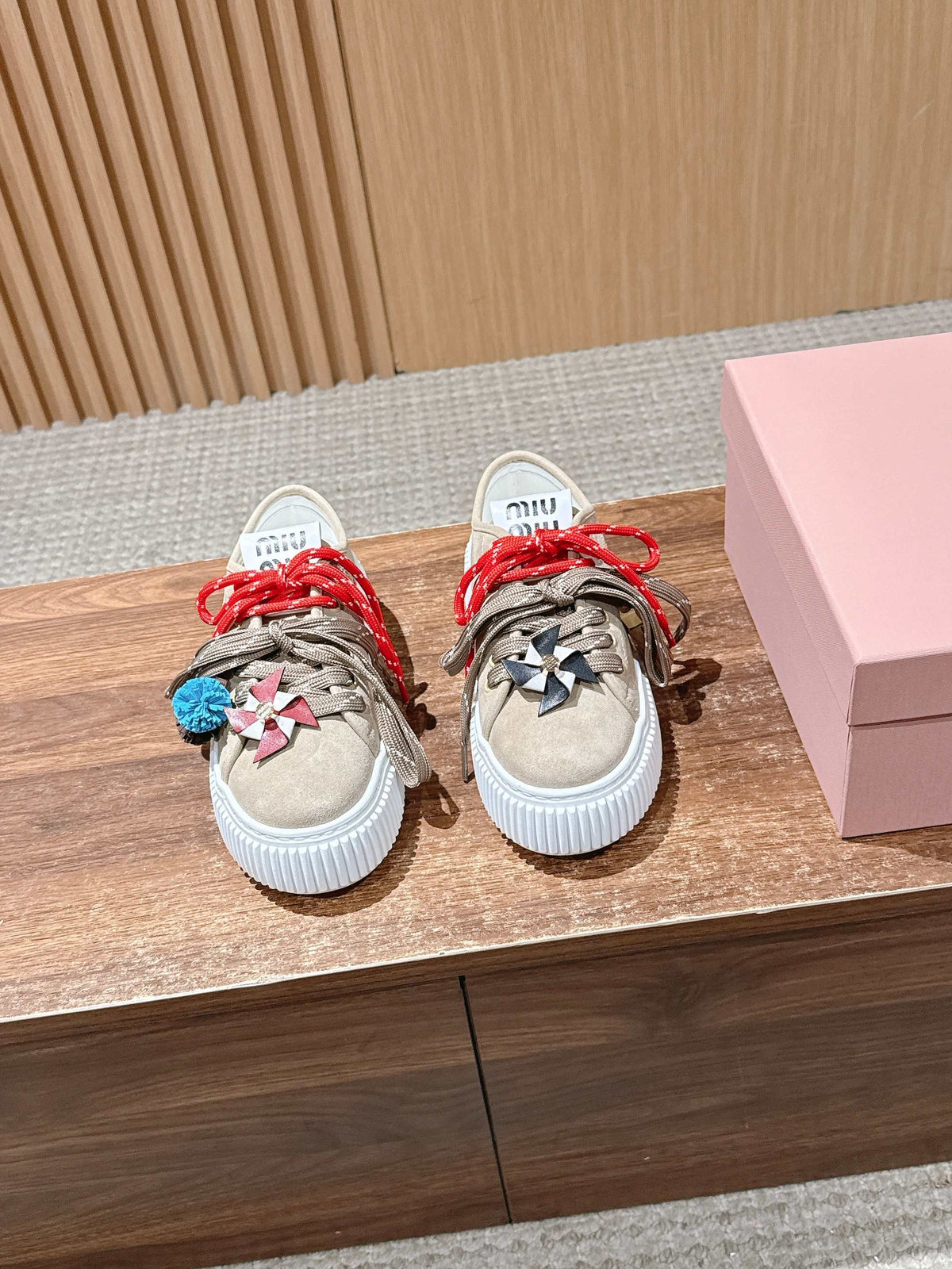 Miumiu 25 Platform Sneakers Beige Red Suede Wool 553690