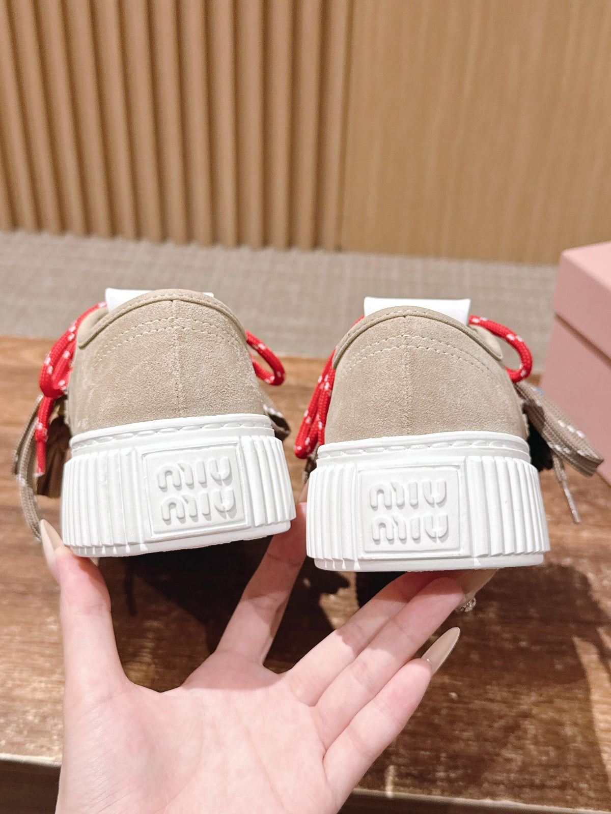 Miumiu 25 Platform Sneakers Beige Red Suede Wool 553690