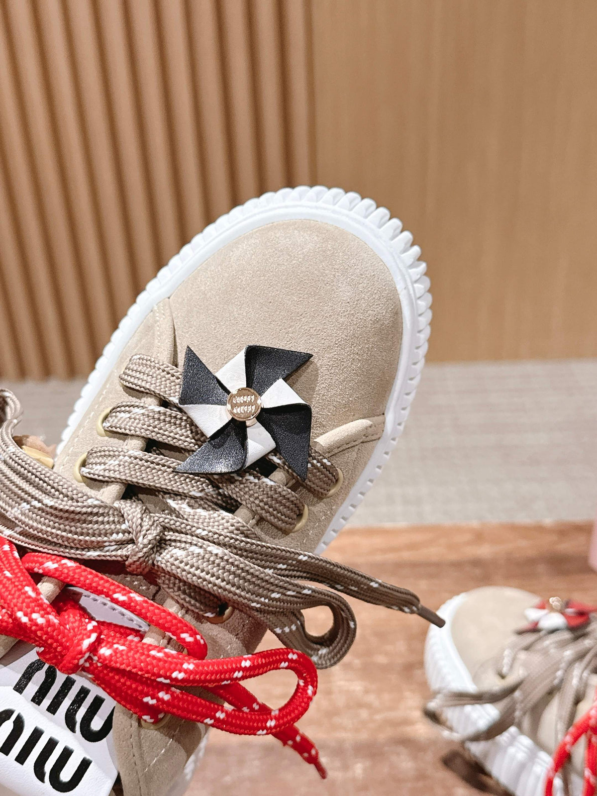Miumiu 25 Platform Sneakers Beige Red Suede Wool 553690
