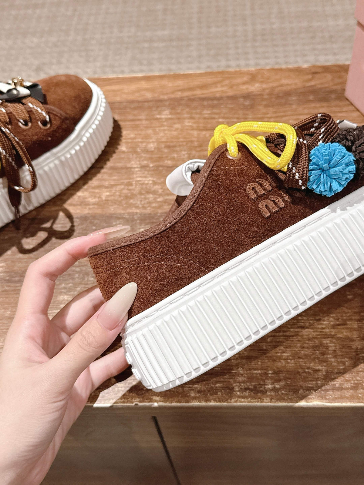 Miumiu 25 Platform Sneakers Brown Yellow Suede Wool 553691