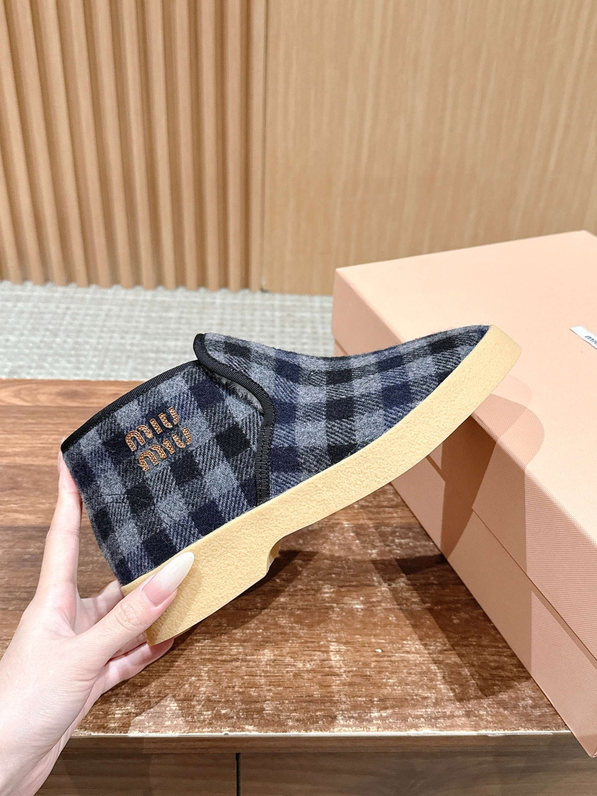 Miumiu 25 Plaid Slip-on Boot Blue Mix White Suede Wool 553703
