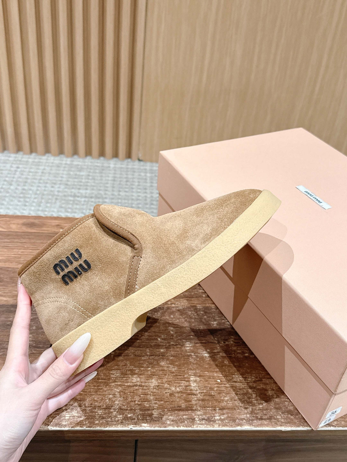 Miumiu 25 Slip-on Boot Light Brown Mix White Suede Wool 553706