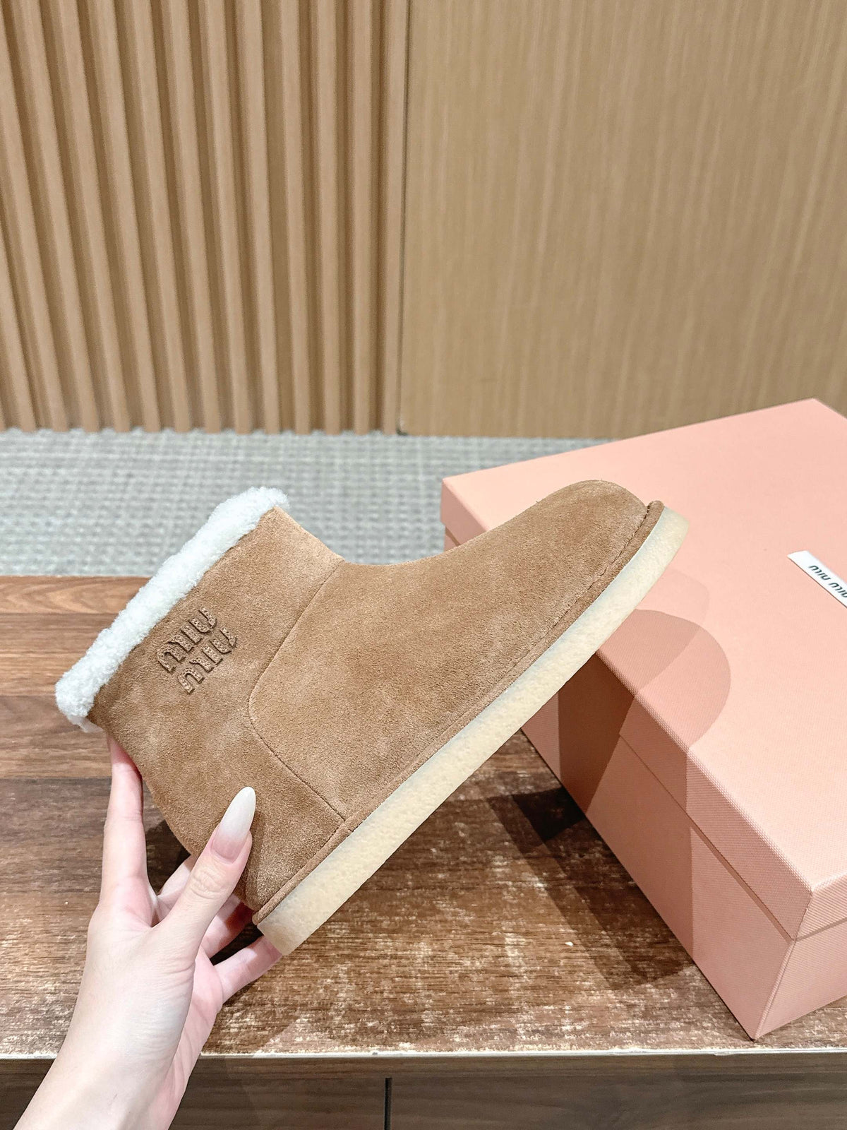 Miumiu 25 Boot Light Brown Mix White Suede Wool 553709