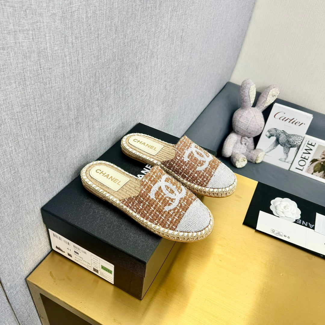 espadrilles mule brown wool white sequin