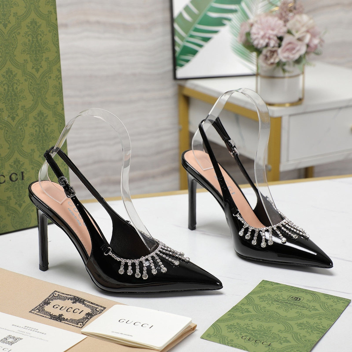 GG CRYSTAL HIGH HEEL SANDAL BLACK LAMBSKIN