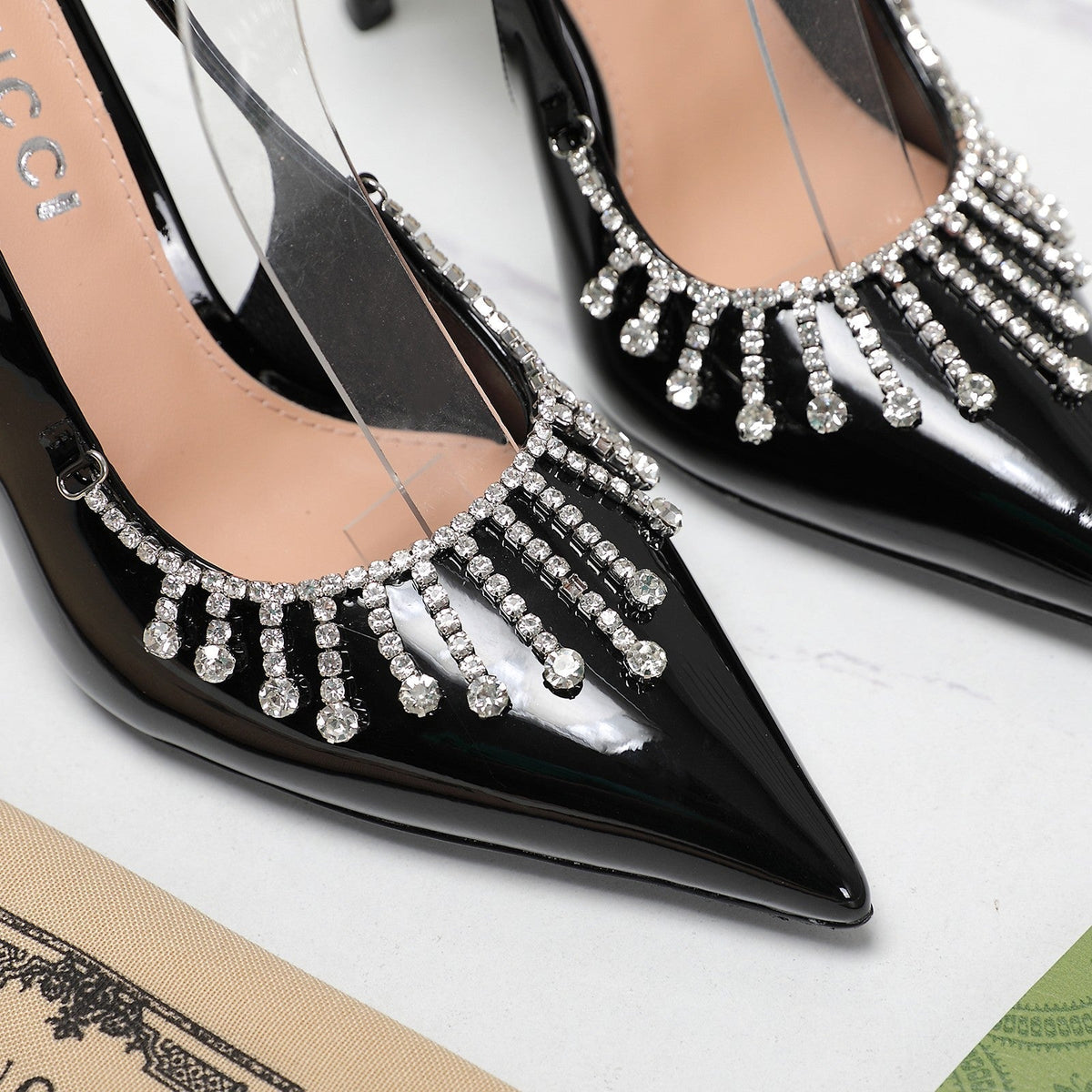 GG CRYSTAL HIGH HEEL SANDAL BLACK LAMBSKIN