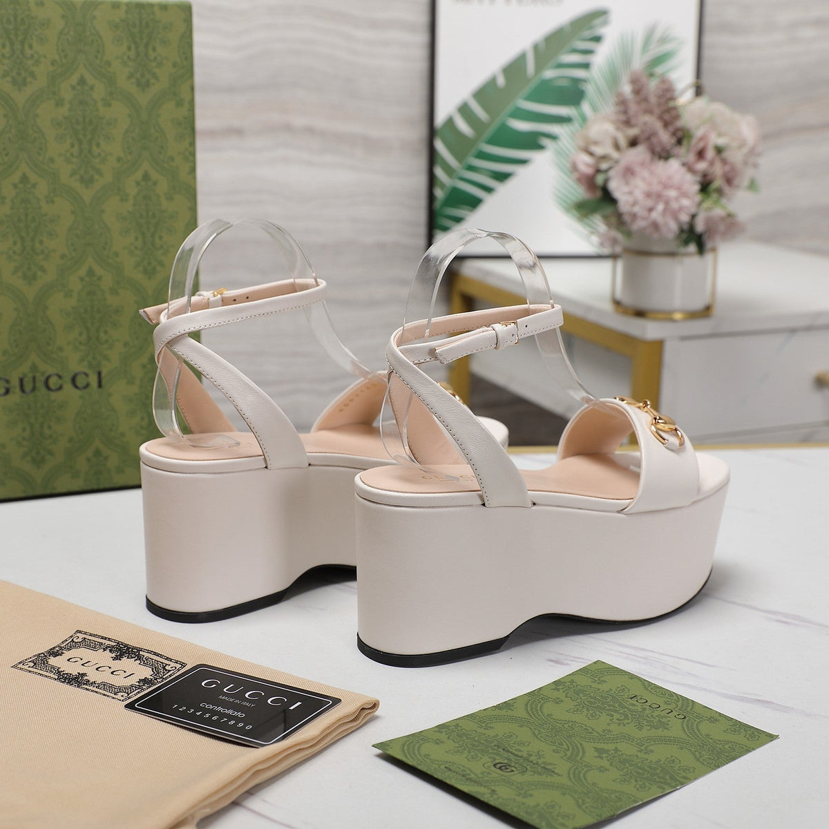 GG  Horsebit Wedges Sandals White