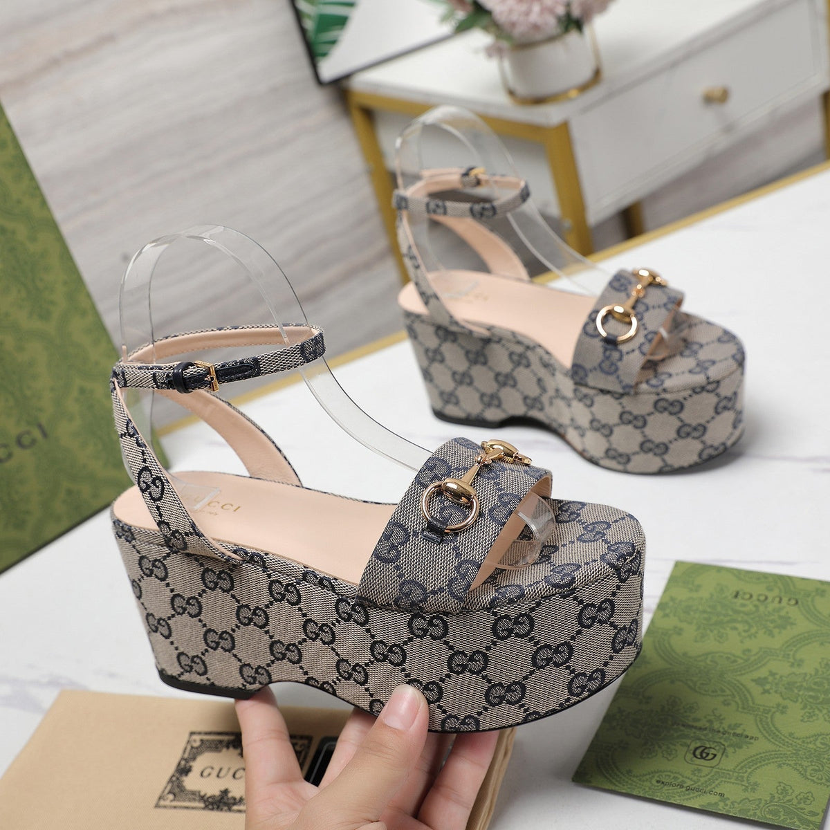 GG  Horsebit Wedges Sandals Grey