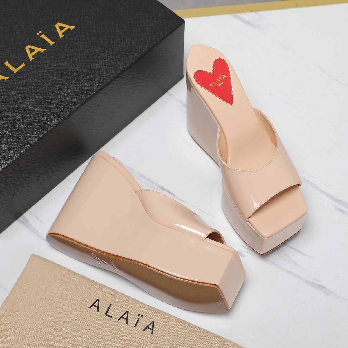 ALAIA PLATFORM WEDGE IN BEIGE TAN LAMBSKIN WITH RED HEART