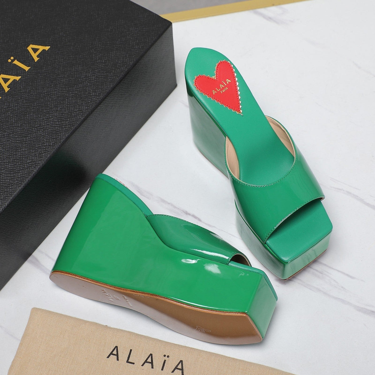 ALAIA PLATFORM WEDGE IN COOL GREEN LAMBSKIN WITH RED HEART