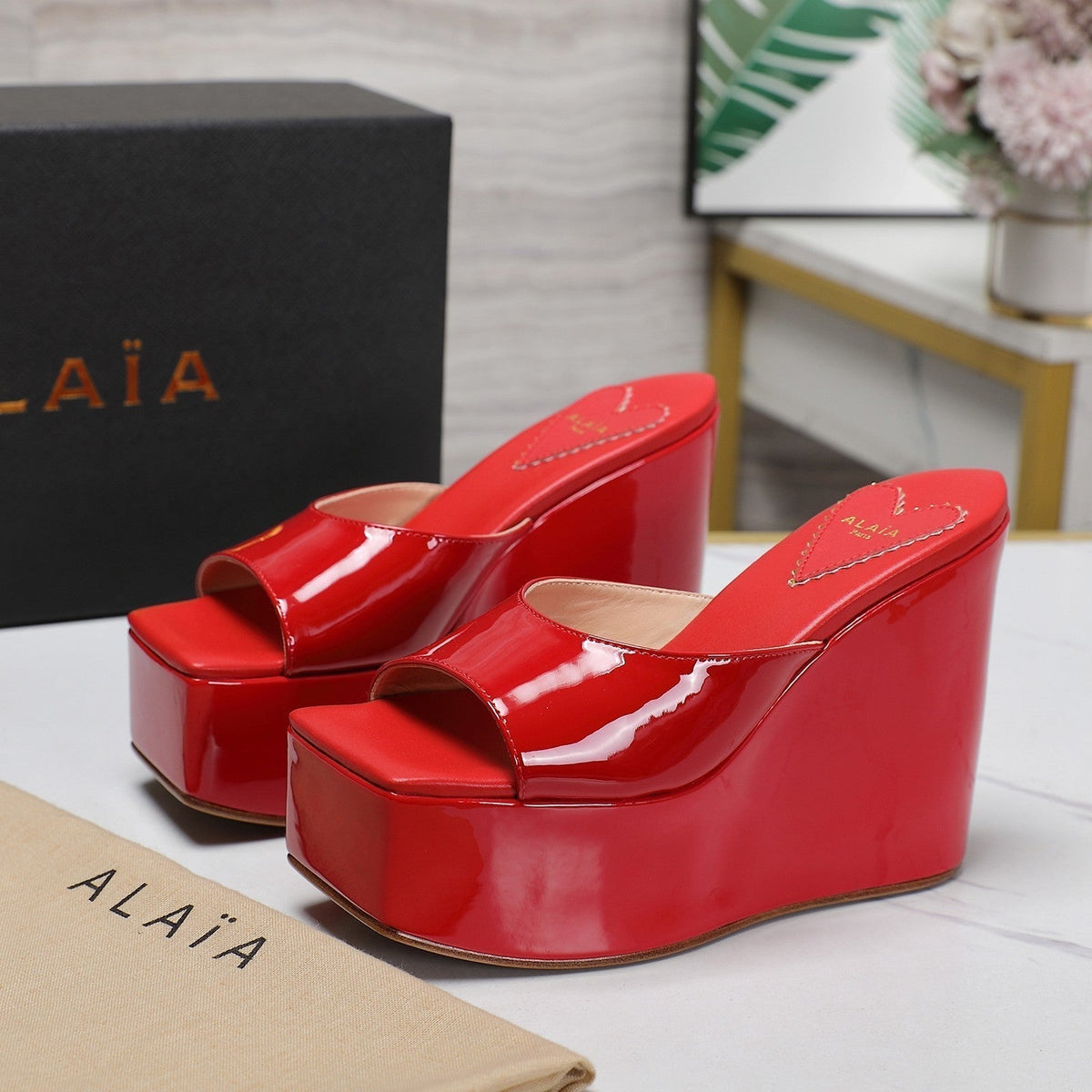 ALAIA PLATFORM WEDGE IN CHERRY RED LAMBSKIN WITH HEART EMBROIDERED
