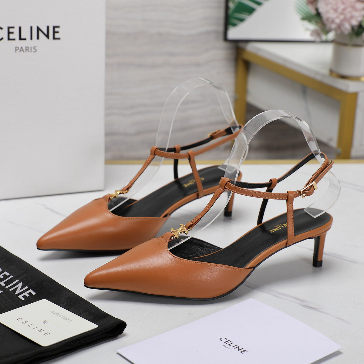 HIGH 5 CM SLINGBACK IN CINNAMON BROWN CALFSKIN WITH GOLD LOGO