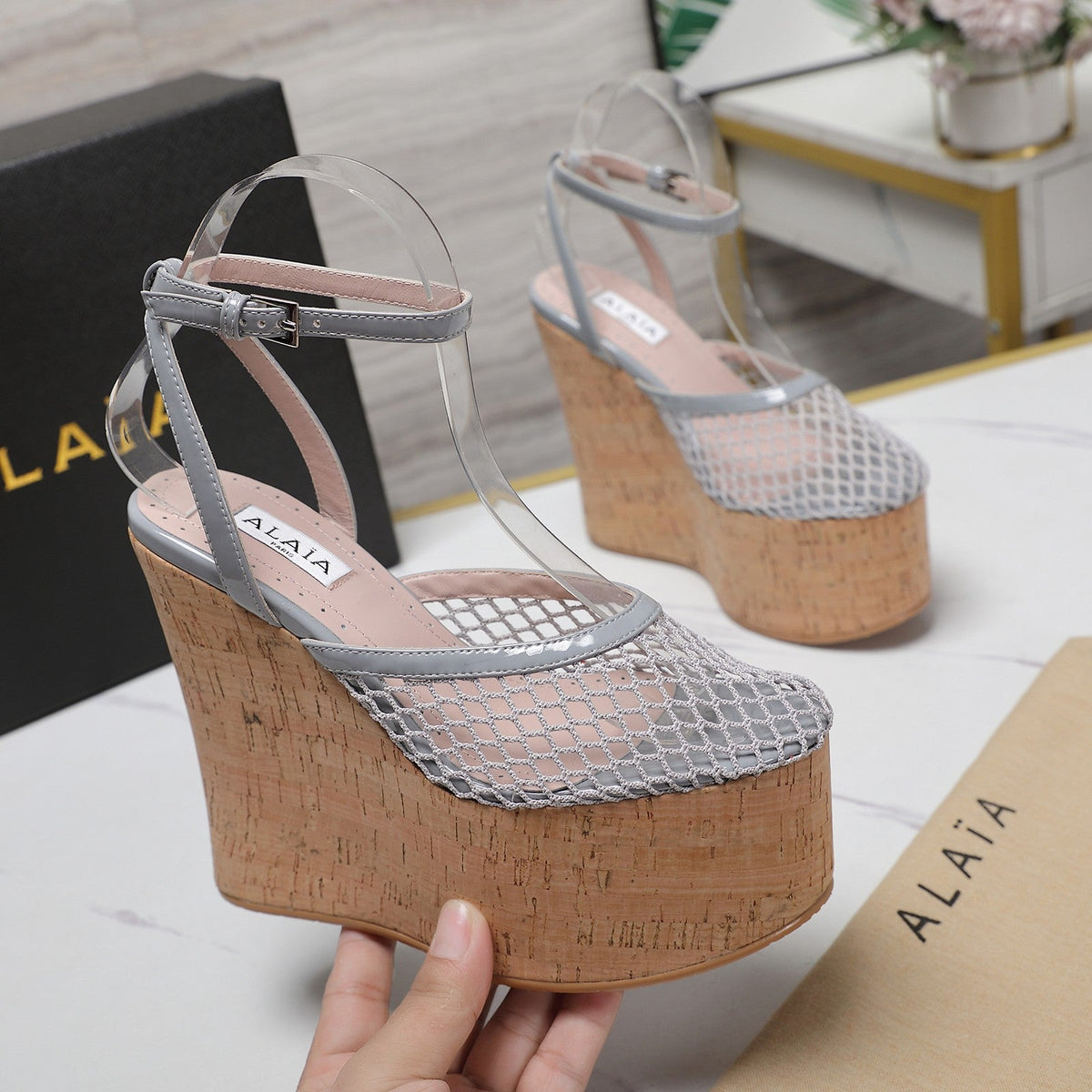 ALAIA WEDGE SANDAL IN LIGHT GREY MESH AND BEIGE RUBBER