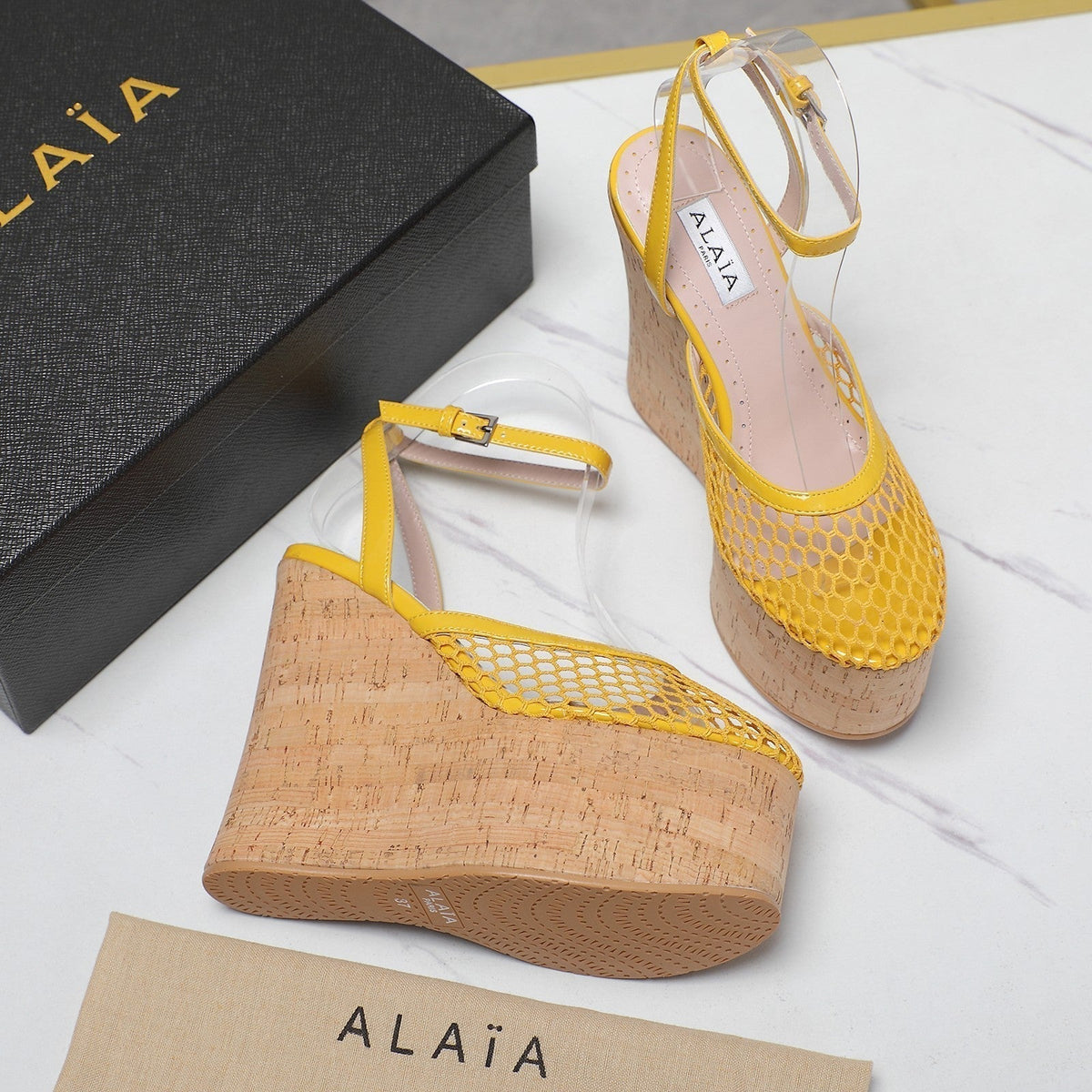 ALAIA WEDGE SANDAL IN YELLOW MESH AND BEIGE RUBBER