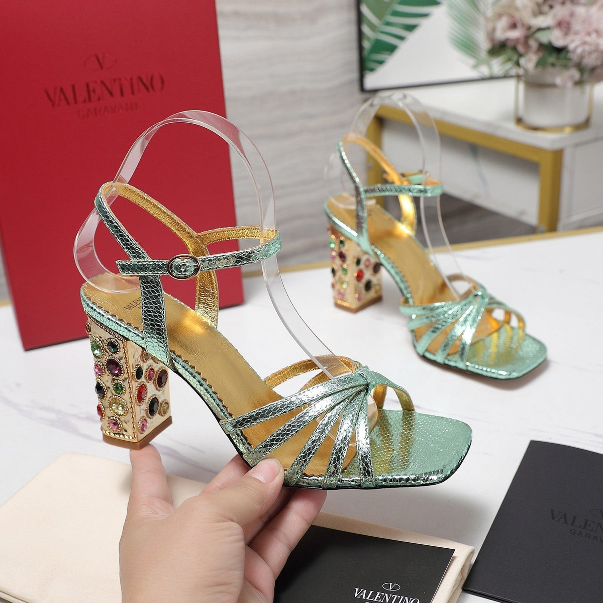 VT 2025 Diamond Heel Sandals Green Cowhide 289514