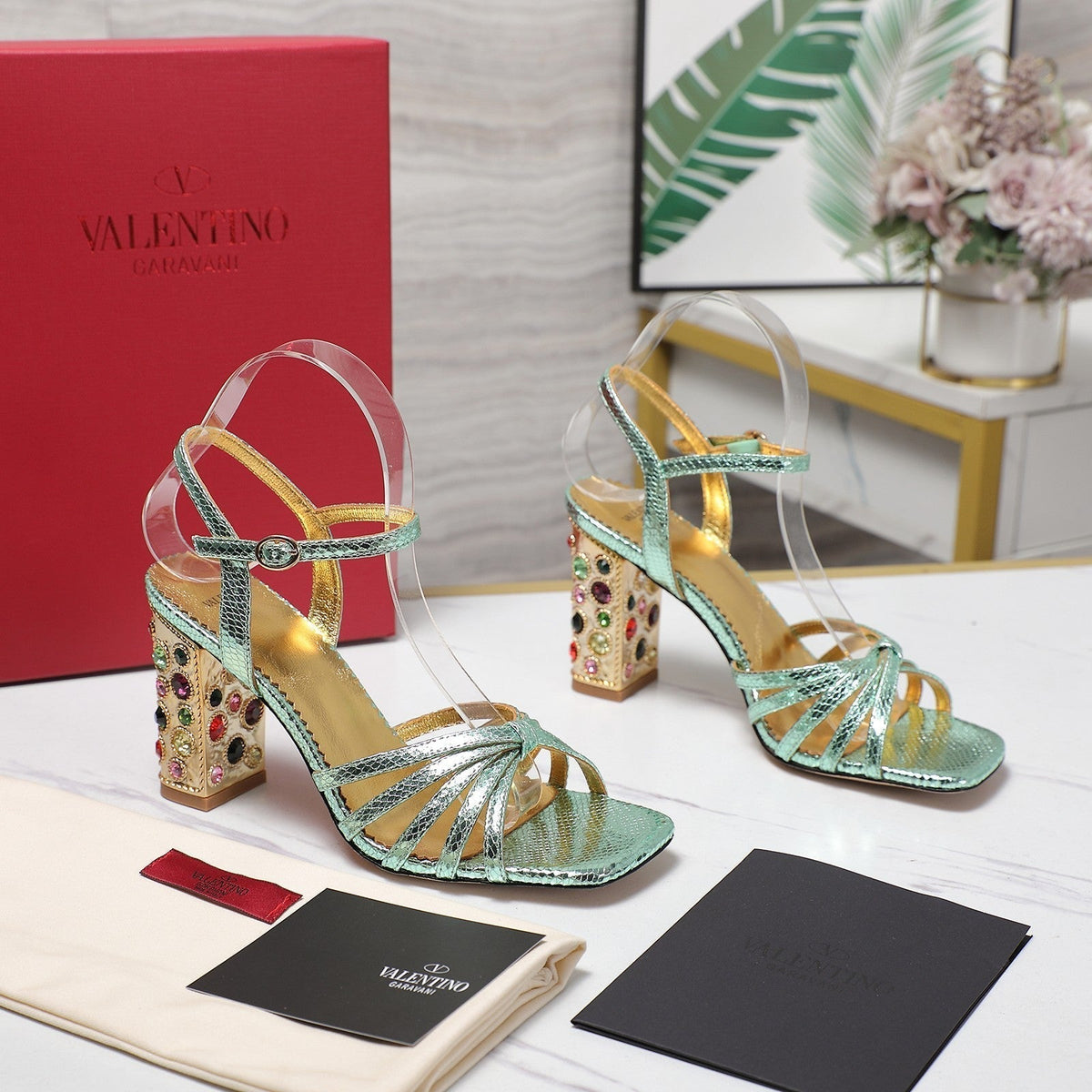 VT 2025 Diamond Heel Sandals Green Cowhide 289514