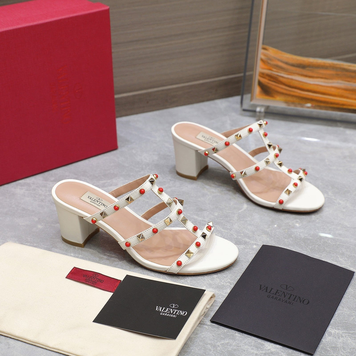 VT 25 Rockstud Heeled Sandals White Sheepskin 289665