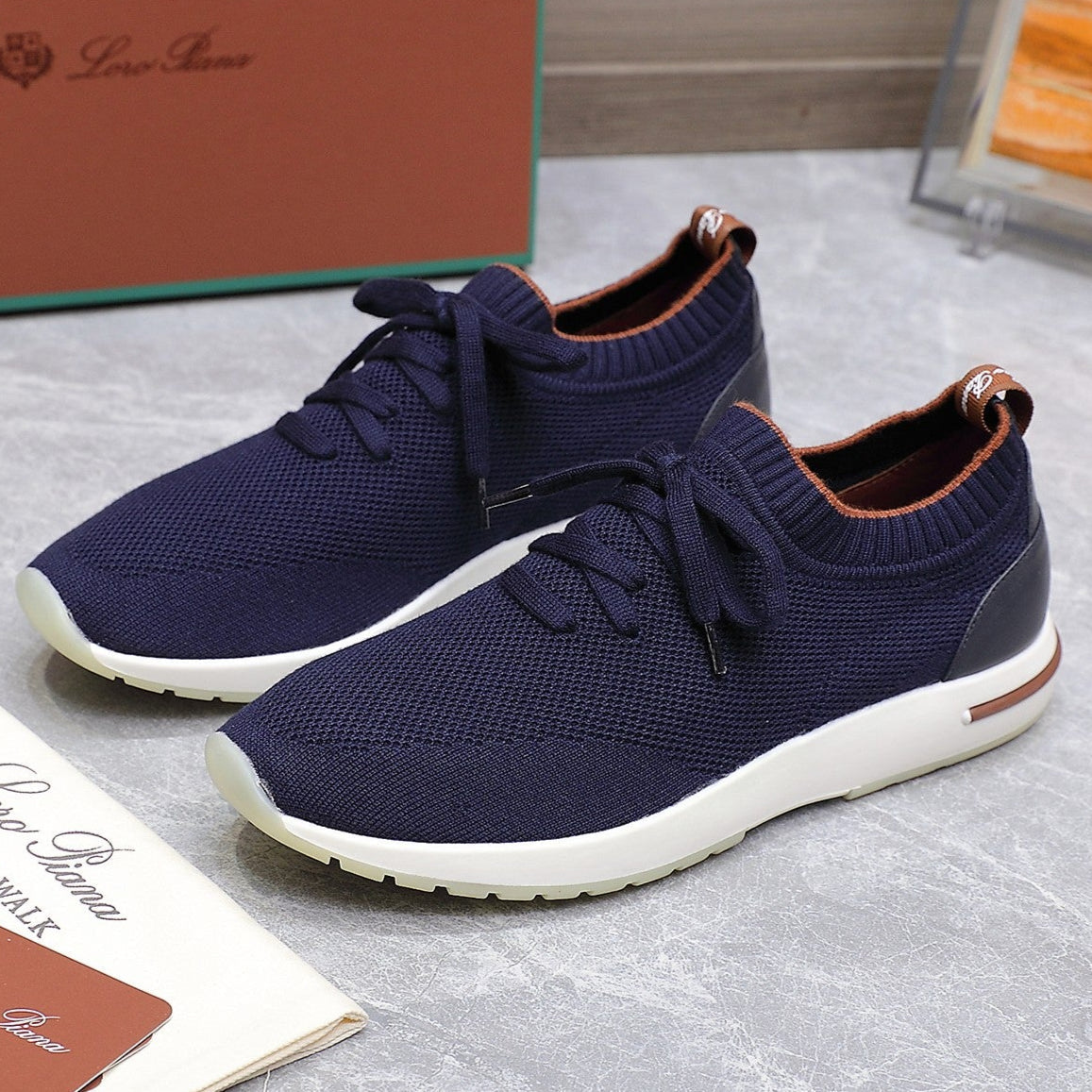 LP lady Flexy Walk Sneaker Navy Blue mix Orange Wool and  Calfskin 310450