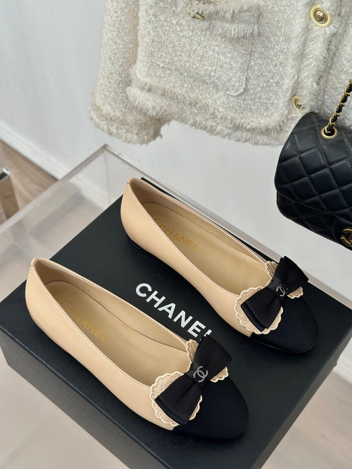 CC Ballet Flats Beige With Bow Lambskin