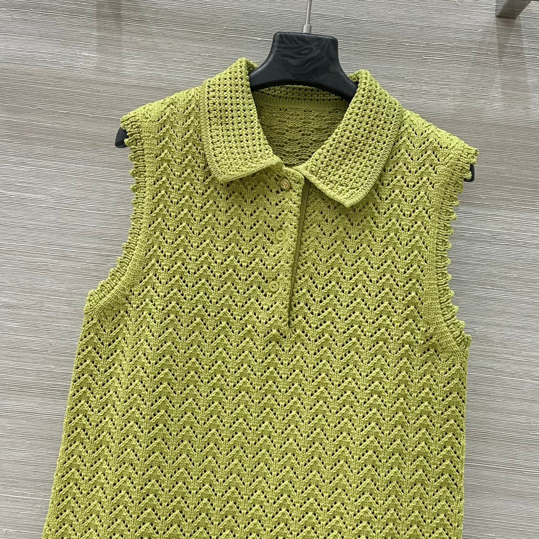 Gucci 25 Hollow Knitted Polo Vest Dress Avocado Green Polyester Fiber