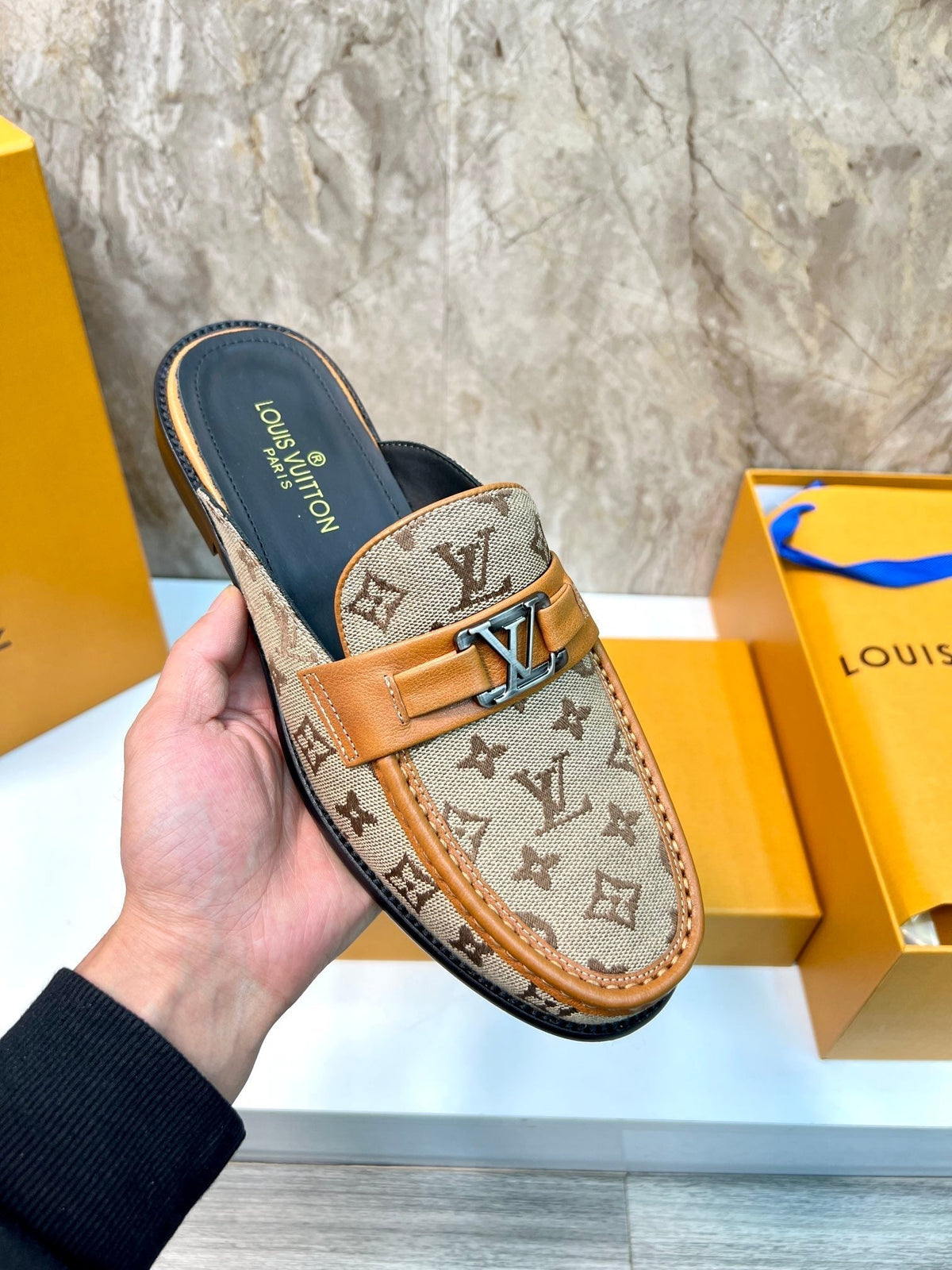 LV EASY MULE BEIGE CREAM MONOGRAM CANVAS