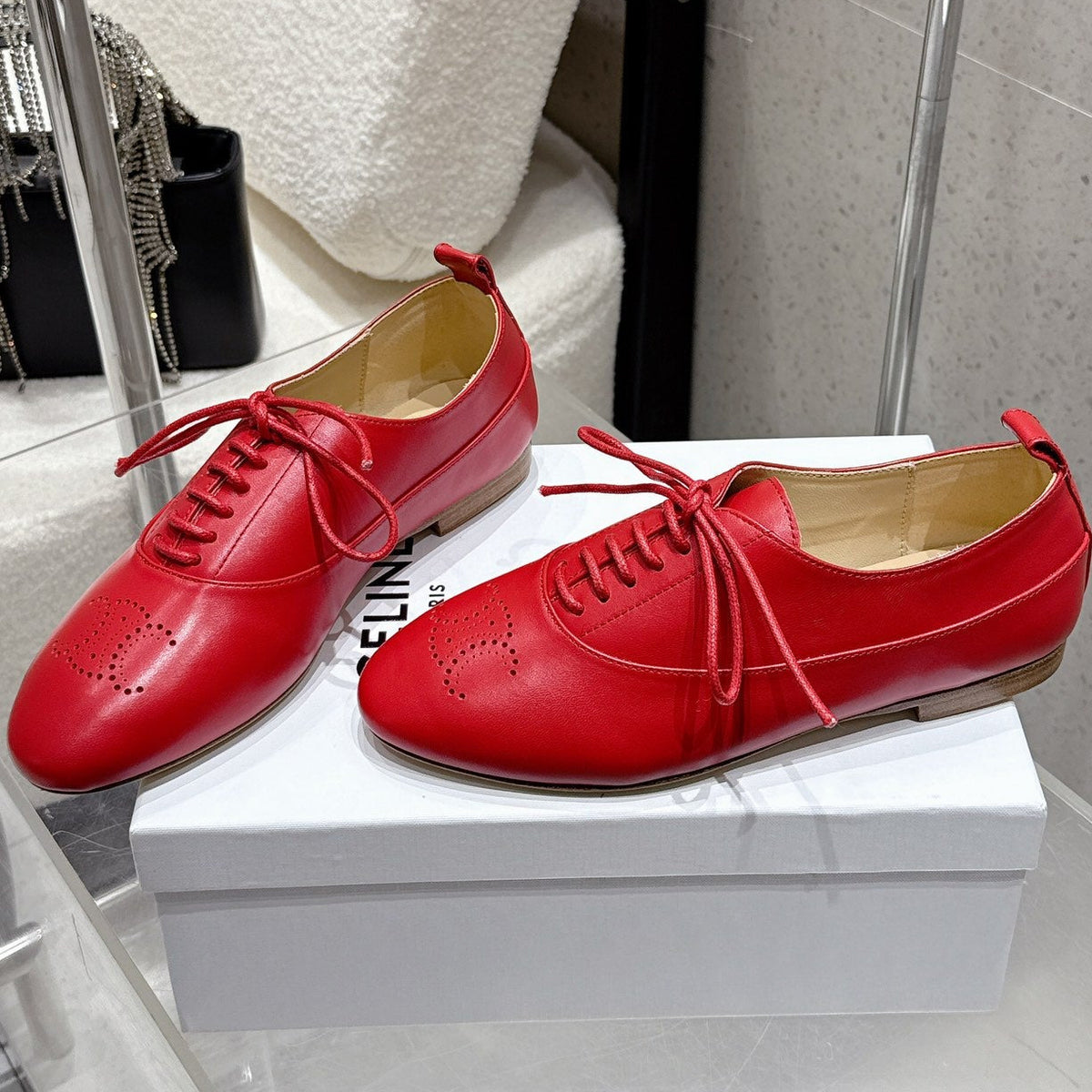 Celine 25 Lise Perforated Triomphe Richelieu Shoe Red Lambskin 554197