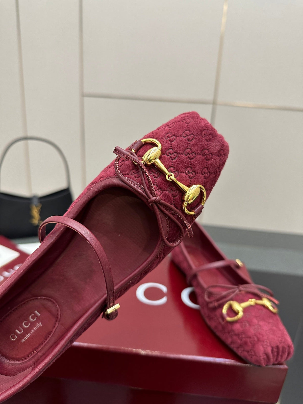 GC 25 Horsebit Ballet Flat Dark Red Monogram Suede