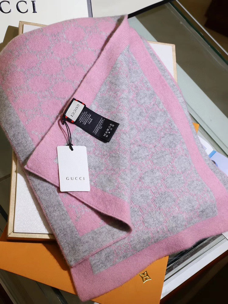 GG Double G Jacquard Scarf 180CM  Pink Gray Wool 282698