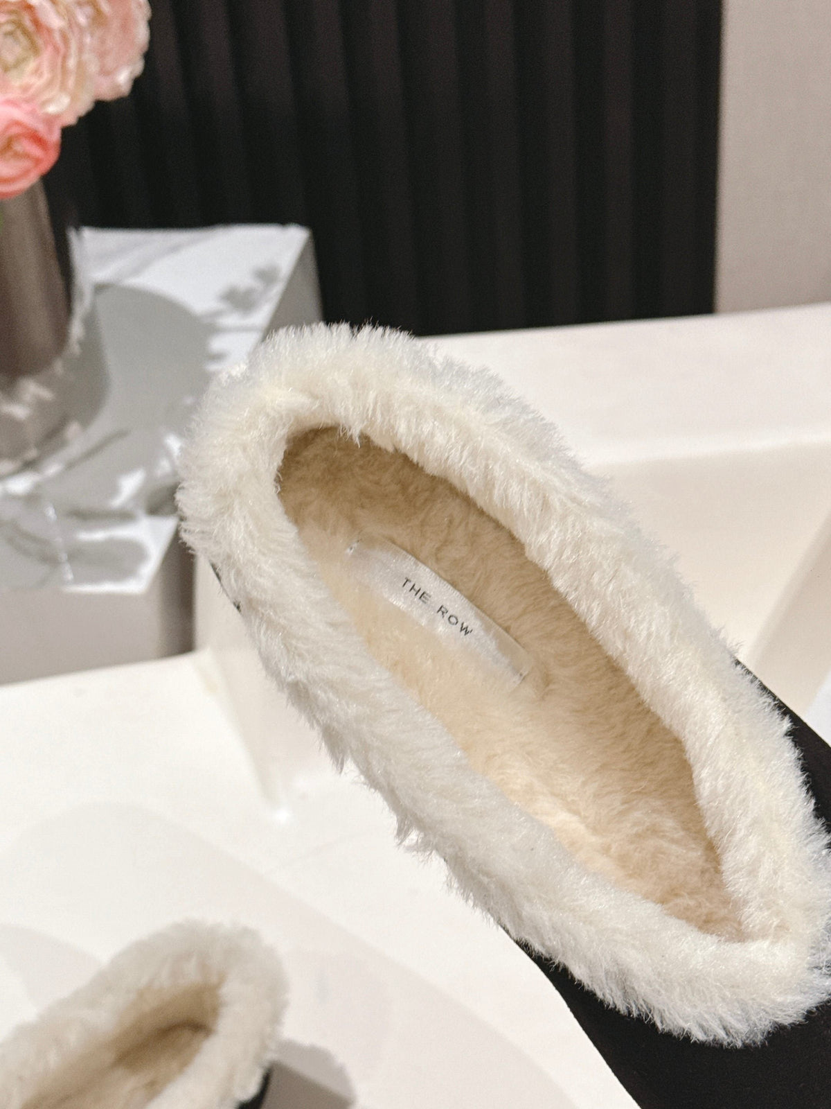The Row 2025 Fur-lined Flat Shoe Black mix White Suede Wool 560505
