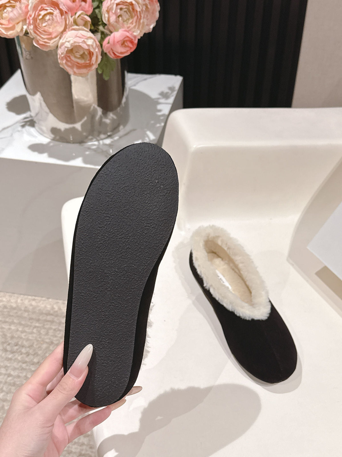The Row 2025 Fur-lined Flat Shoe Black mix White Suede Wool 560505
