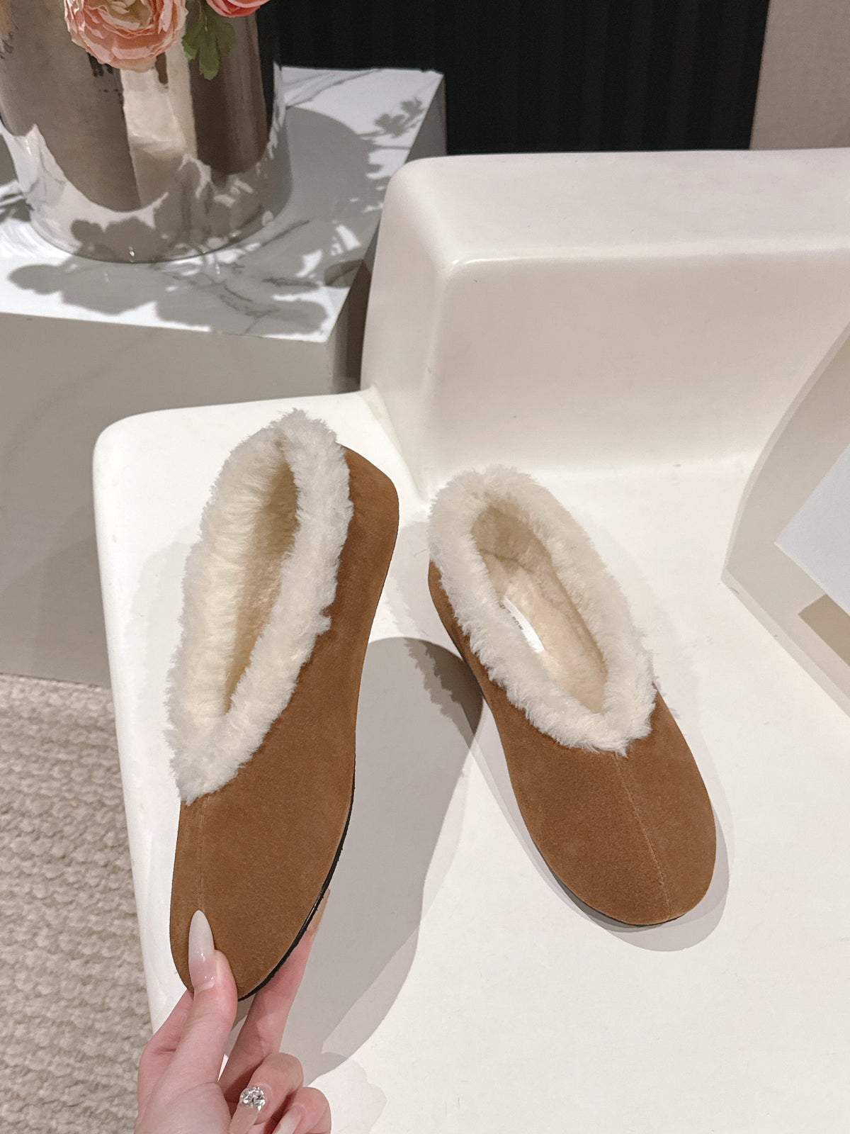 The Row 2025 Fur-lined Flat Shoe Light Brown mix White Suede Wool 560507