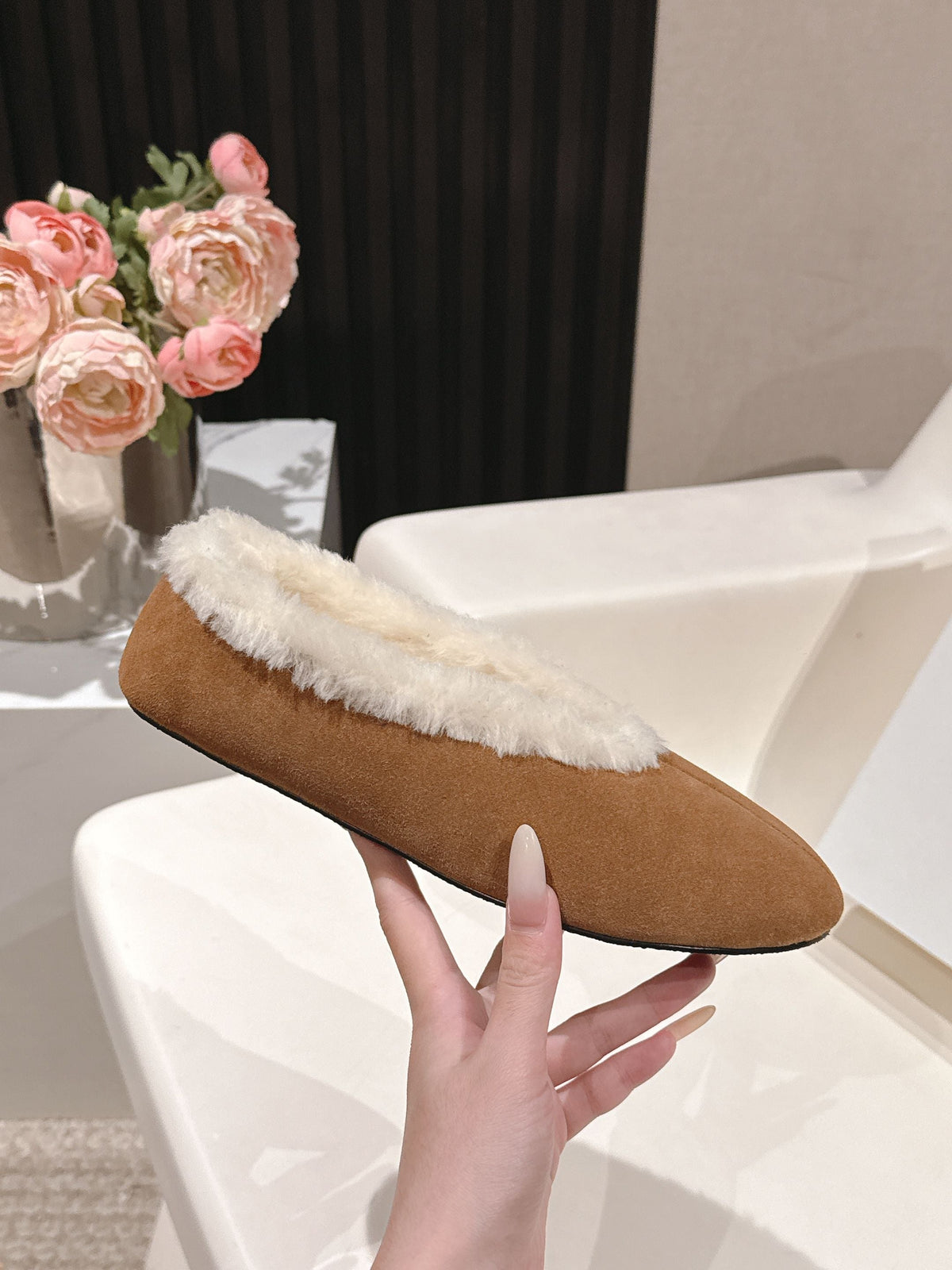 The Row 2025 Fur-lined Flat Shoe Light Brown mix White Suede Wool 560507