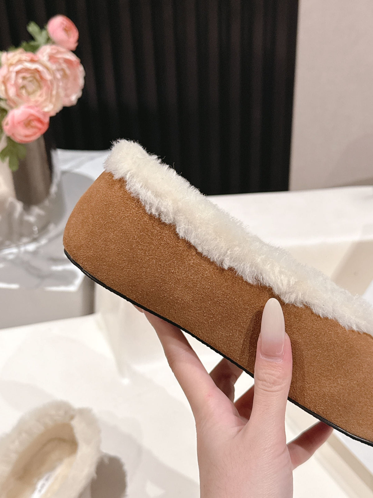 The Row 2025 Fur-lined Flat Shoe Light Brown mix White Suede Wool 560507