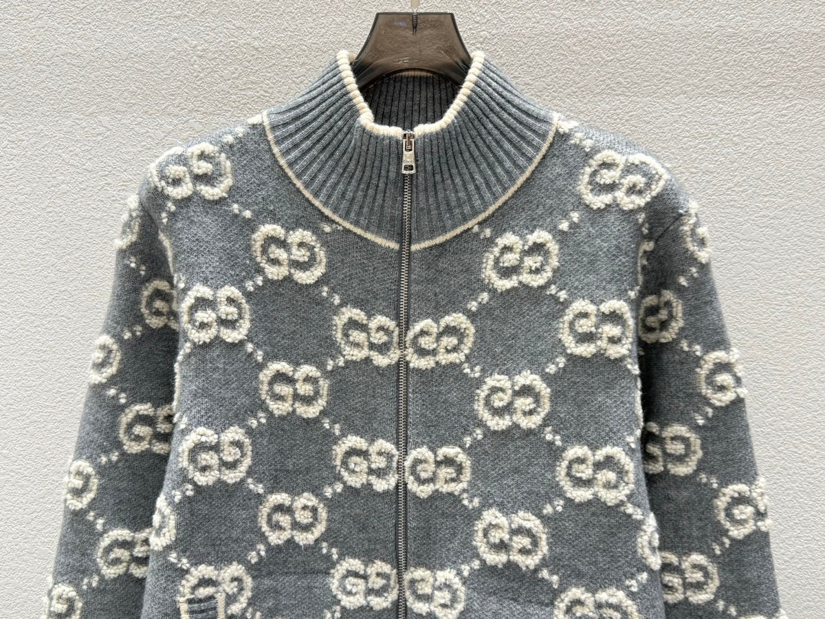 Gucci Zipper Cardigan Gray White Wool 304012