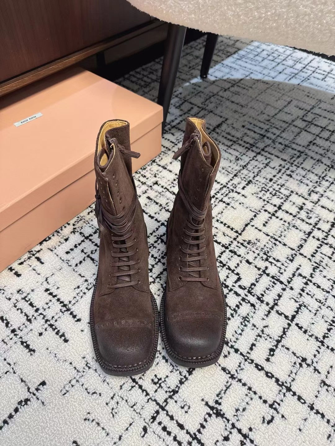 Miu Lace-Up Boots Earth Brown Suede