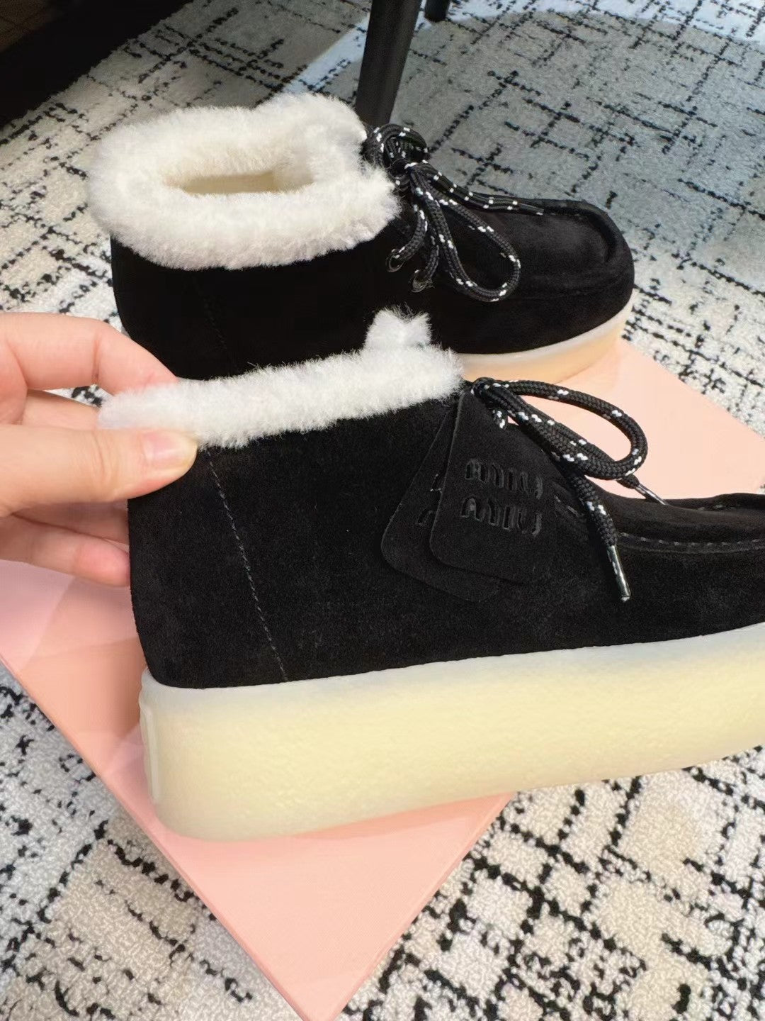 Miu Ankle Boots Black Fleece Lining Cow Suede