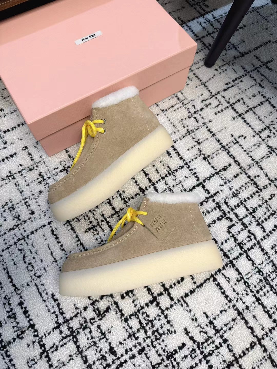 Miu Ankle Boots Light Brown Fleece Lining Cow Suede
