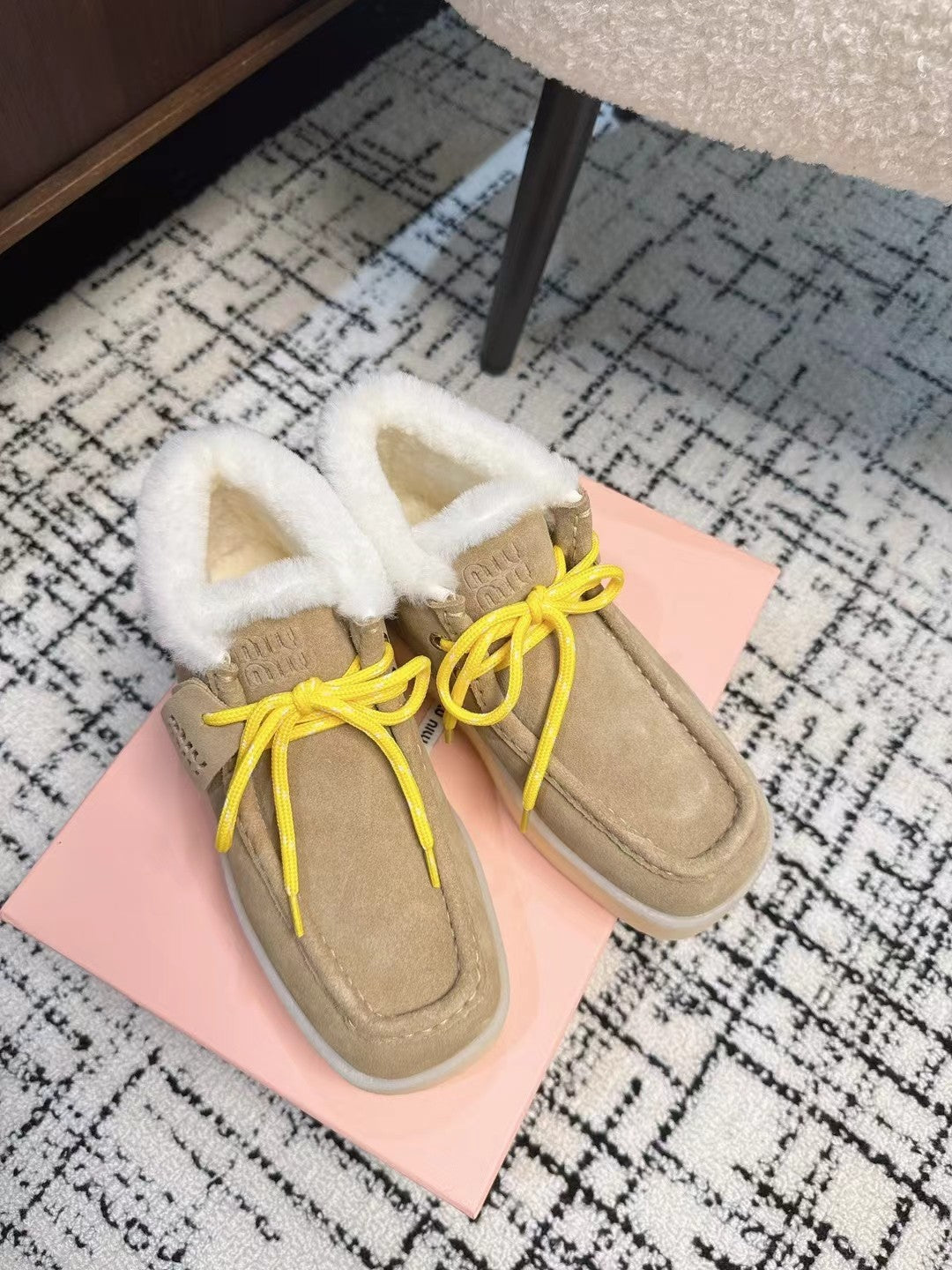 Miu Ankle Boots Light Brown Fleece Lining Cow Suede