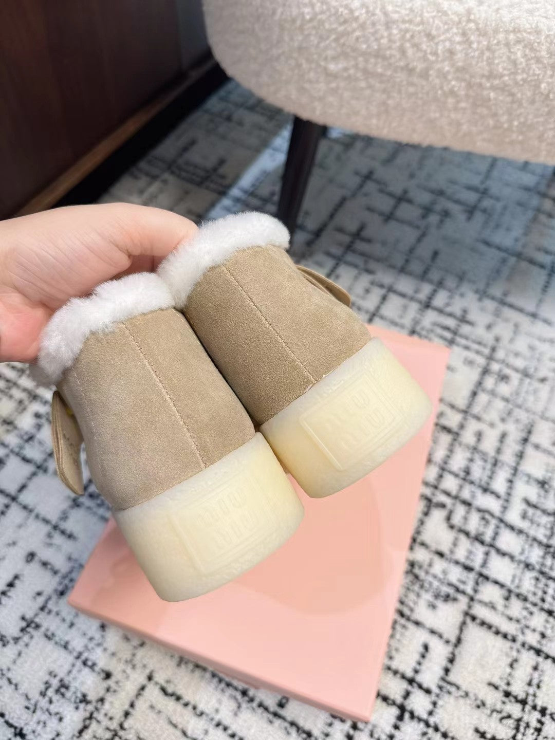 Miu Ankle Boots Light Brown Fleece Lining Cow Suede