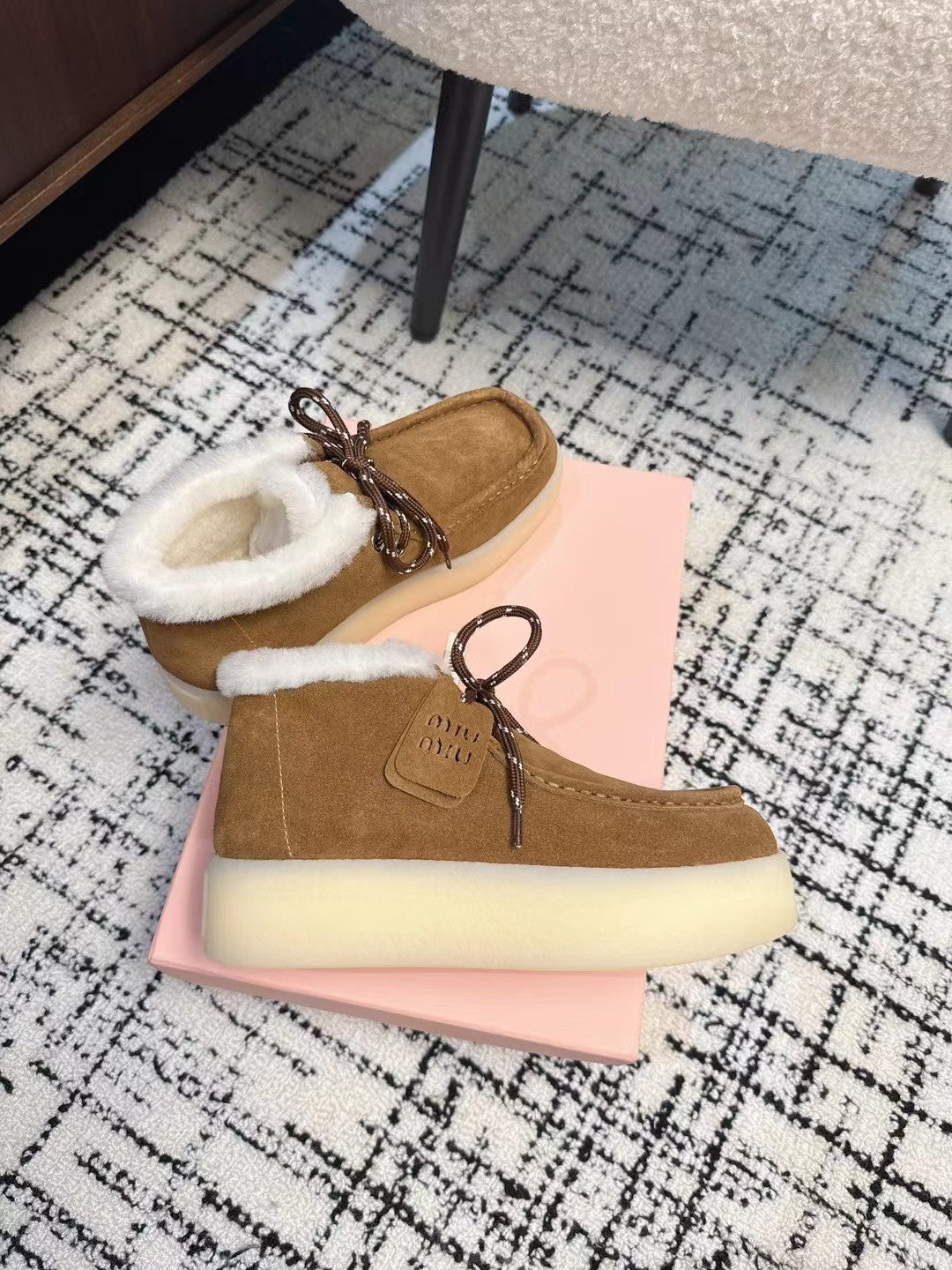 Miu Ankle Boots Brown Yellow Fleece Lining Cow Suede