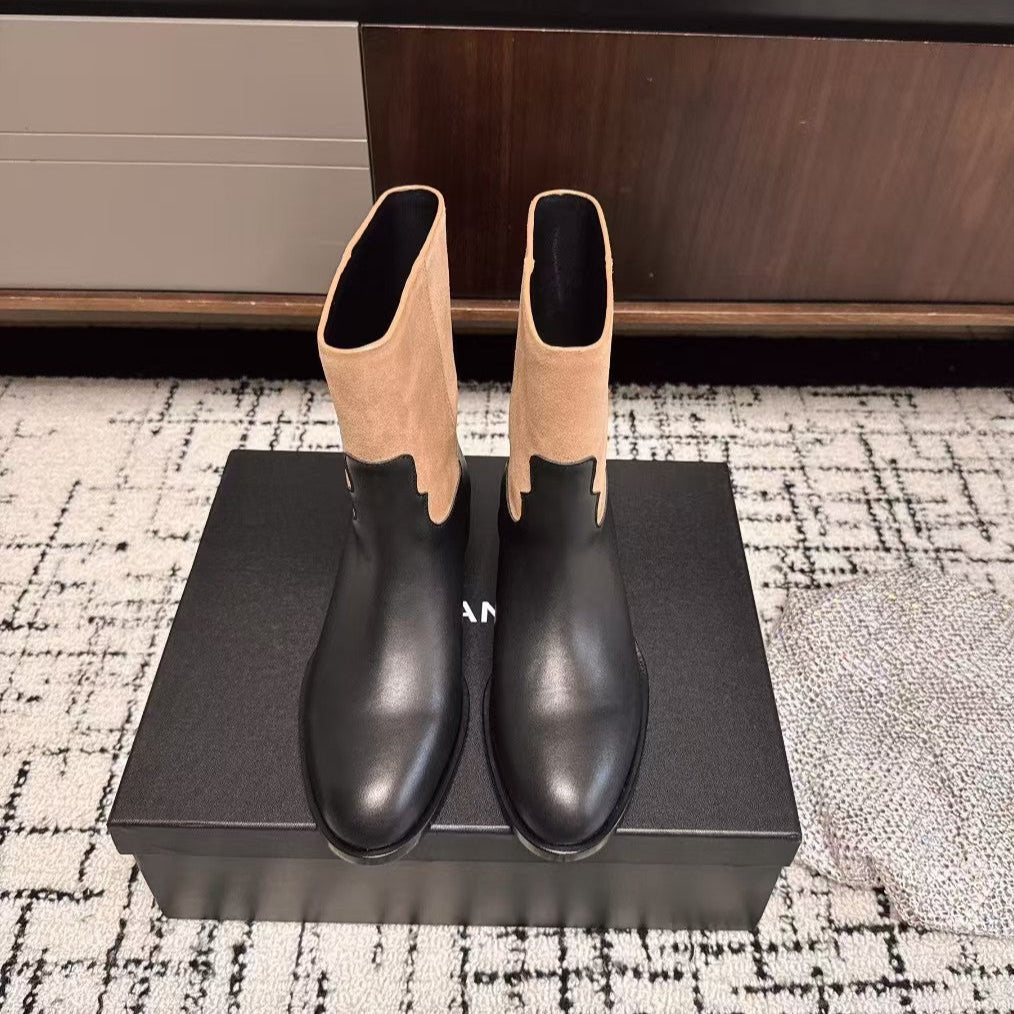 Chanel 25A Winter New Low Boots Black Beige Cowhide 393515