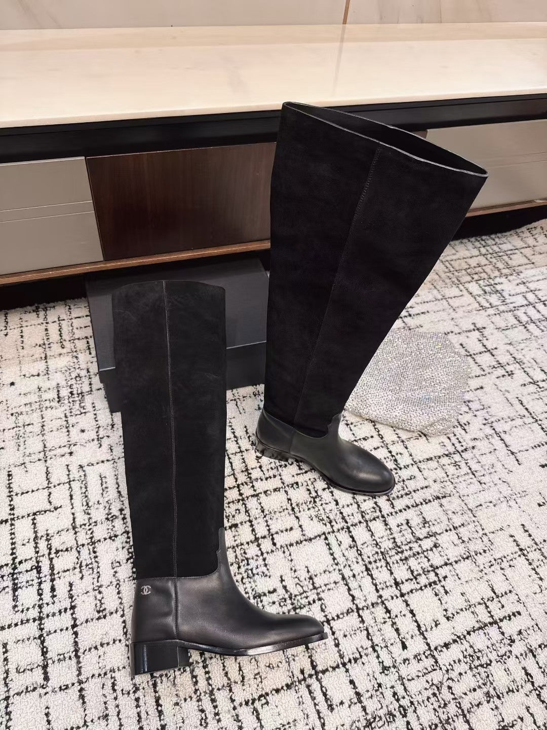 Chanel 25A Winter New Thigh Boots Black Cowhide Mix Suede 393520