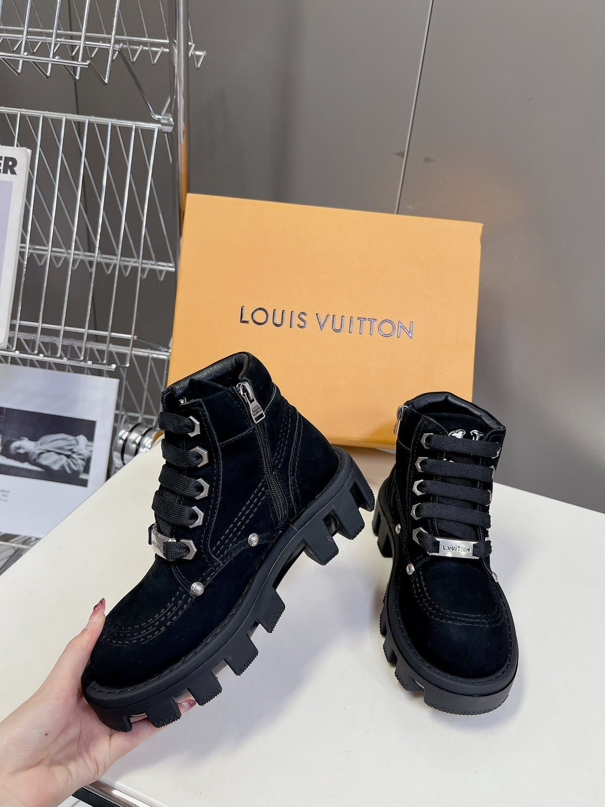 LV Checker Ankle Boots Black Suede
