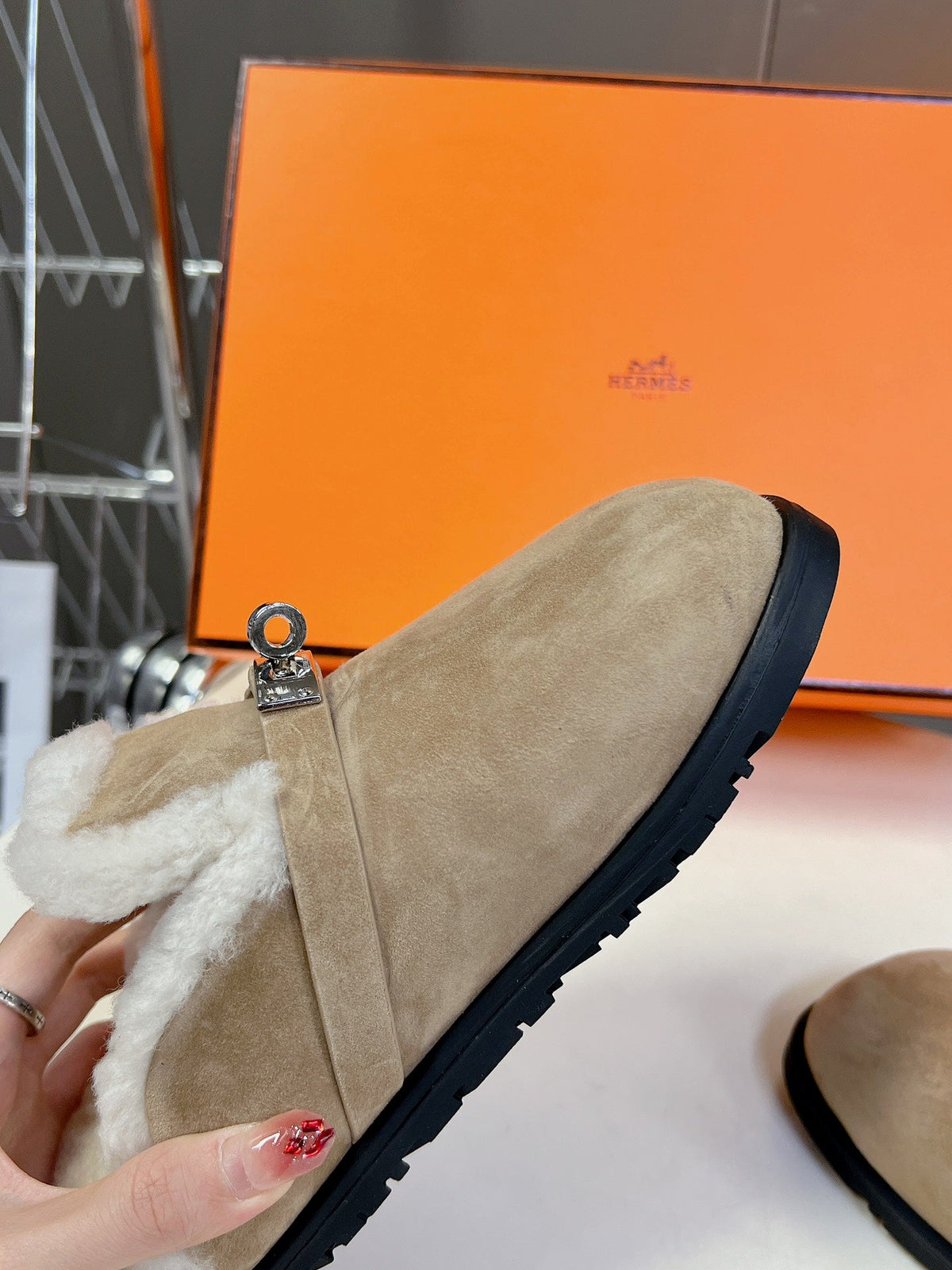 OZ Mule Light Brown Suede White Shearling