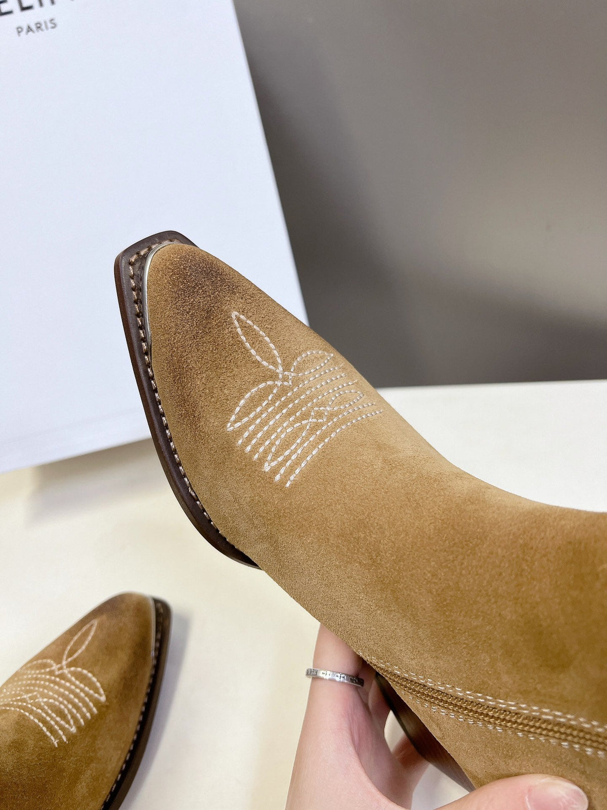 CELINE 25 Cowboy Boots Light Brown Suede 434415