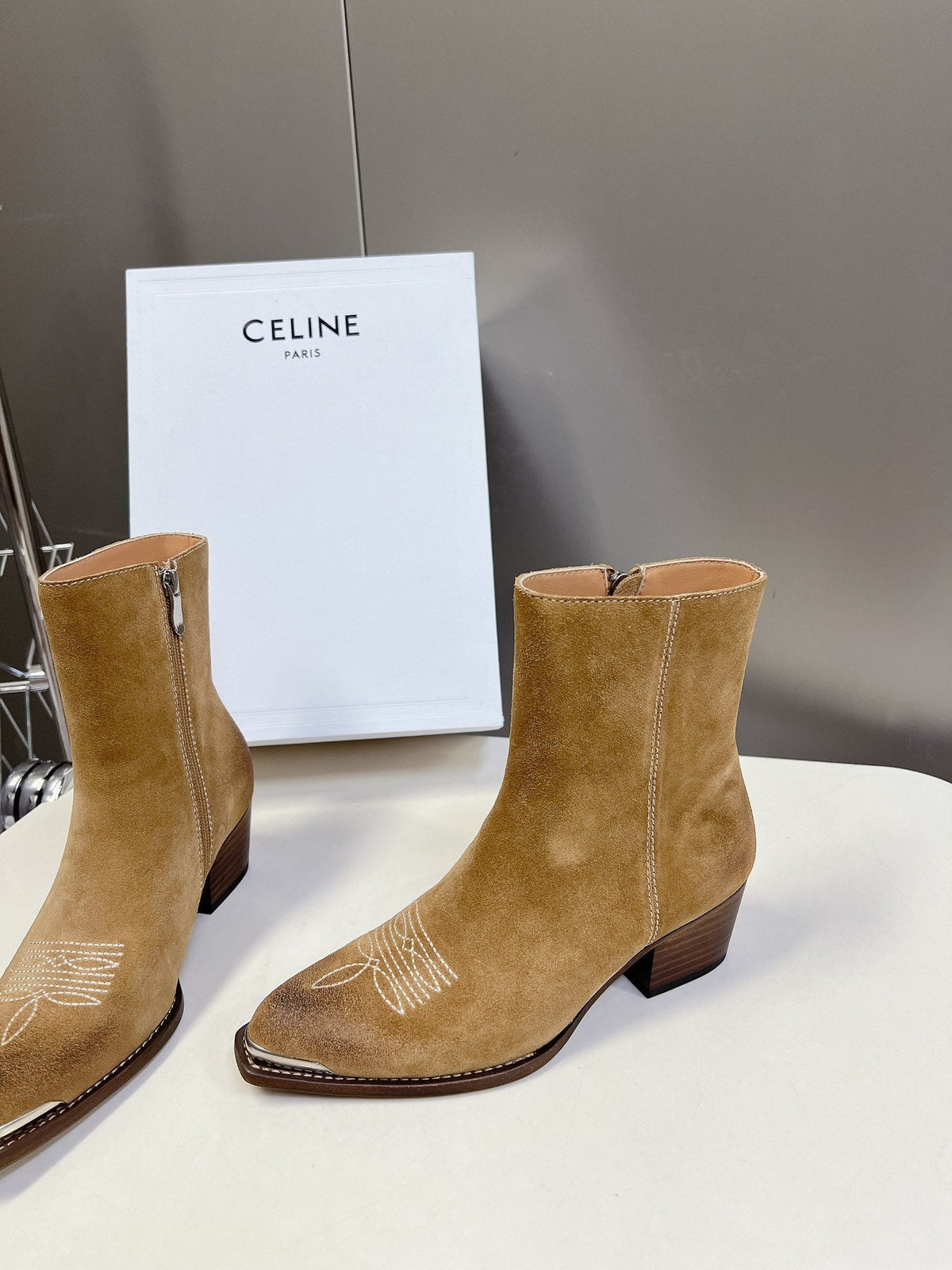 CELINE 25 Cowboy Boots Light Brown Suede 434415